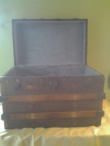 1930's Seaman's trunk, the customer requested a new lining for the trunk, which is pictured.