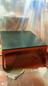 This is a 1970's Lane solid walnut , boho shabby chic, jet black top and red bottom half with a high gloss finish