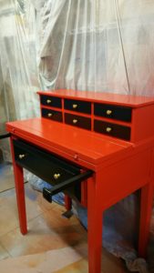 1950's red and jet black with gold knobs Secretary desk. Truly a stunning piece. Bohemian (boho) shabby chic 