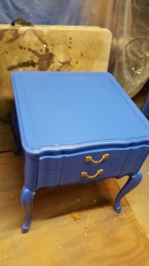 1950's Side table rainbow blue with gold accents, with satin finish. Bohemian (boho) shabby chic. 