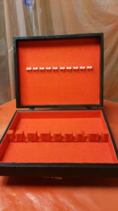 1960's silverware box, paint in jet black with a gloss finish. Interior is a red velvet.