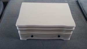 Goldware dining ware box with pearl white Passano paint and black knobs. With a satin finish. 