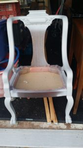 This is the queen chair of the king and queen set we are restoring and reupholsterying. The chair will be painted in kitty black and re-upholster with sunshine yellow fabric. 