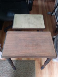 Before picture of Walnut nesting tables, notice wood going in two different direction. 