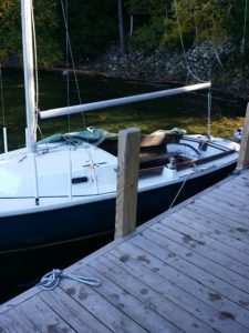 Before picture of 21ft Pearson's Ensign sailboat. We will be restored the inside teak wood this fall and the hull next spring. 