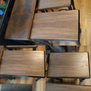 Walnut nesting tables are now stained with a Spanish oak stain. We are ready to apply the hand rubbed tung oil finish.