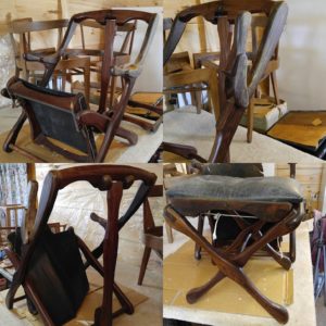 Before pictures of the folding Don Shoemaker chair and the,ottoman we have the privilege of restoring.