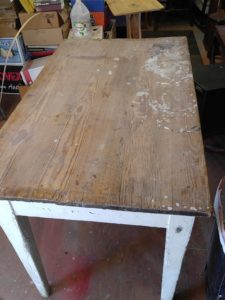 Before picture of the country table, it will have a natural top , with a hand rubbed tung oil finish, and the lower part of the table will be white washed.