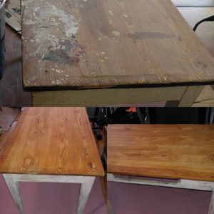 Before and after pictures of the country table, it was stained with a light ipswhich pine stain and the legs were whitewashed. The we applied a low gloss hand rubbed tung oil finish.