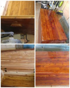 Before pictures of 1960's solid cederwood hope chest. It will be finished out with a low gloss hand rubbed tung oil finish.