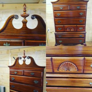 After pictures of the early 20th century High Boy dresser. It was repaired and restored. We stained the piece with a light red mahogany stain and finished it out with a low gloss hand rubbed tung oil finish. Our customer is truly pleased with the outcome of the piece.