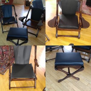 Pictures of the Don Shoemaker sling chairs and ottoman, the restoration is complete ans,the pieces are delivered We took the old finish off and the old leather,we replaced,the foam and repainted the hardware. It was a total restoration. The customer is,truly pleased, Thank you Susan. Call us about your restoration needs.