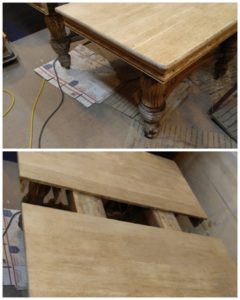 Before pictures of the 100 year old 6 leaf Oak table we are restoring. It will be stained to match the chairs that are already restored. It will be stained with a medium Oak stain and finished out with a low gloss hand rubbed tung oil finish.