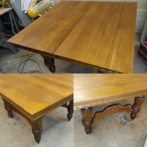 110 year old Oak table with 6 leaves restoration is nearing completion. It was stained with a honey color stain and finished out with a low gloss hand rubbed tung oil finish. It is looking real good, our customer want to maintain as much of the patina as we could. I think see pulled it off.