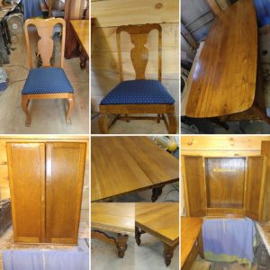 After pictures of one of our larger restoration projects, it includes a 6 leave oak table and 7 chairs we reupholster, as well as a oak tool box and a Mahogany coffee table. All this was for our down state customer.