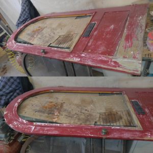 Mid century screen door restoration, it will be sanded and painted with a red and black exterior satin paint.