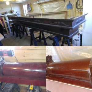 Before pics. of 100 year old Historical Bar restoration, this is the top section and pillars and ornate capitals. It will be stained with a custom stain and catalyzed Mohawk product lacquer.