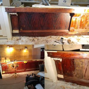 This is part of the original bar, that is now in place. The inlay is flamed Mahogany.