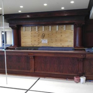 Main part of the Historical Bar restoration at the Otesaga hotel and resort, the cornice and the columns as well as the center portion of the bar are the original bar that was stain matched together, it turned out amazing.