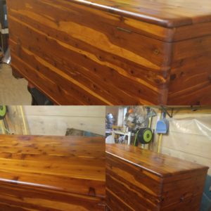 After pictures of the 1960's cedarwood hope chest. It was stained with a gunstock color stain and is finished out with a low gloss hand rubbed tung oil finish.