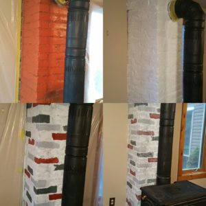 Progression pics of a 70 year old brick chimney. It started out as a tired red brick chimney and ended up as a paddled faux finished artsey piece. Please contact about your faux finished needs.